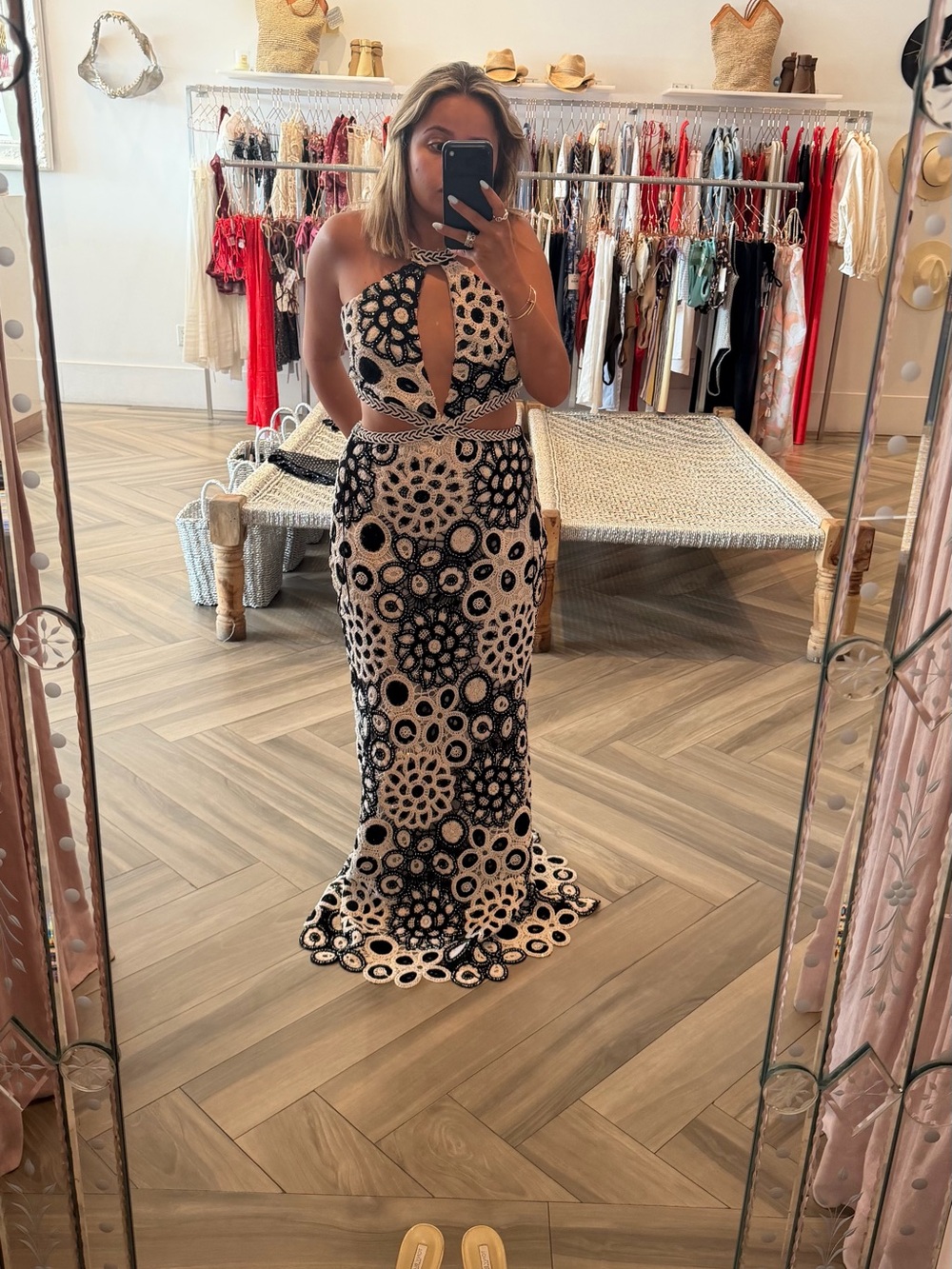 PatBO Black and Cream Crochet Cutout Maxi Dress